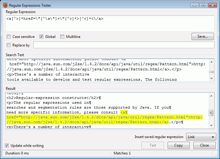 Extensió Regular Expressions Tester per al Firefox